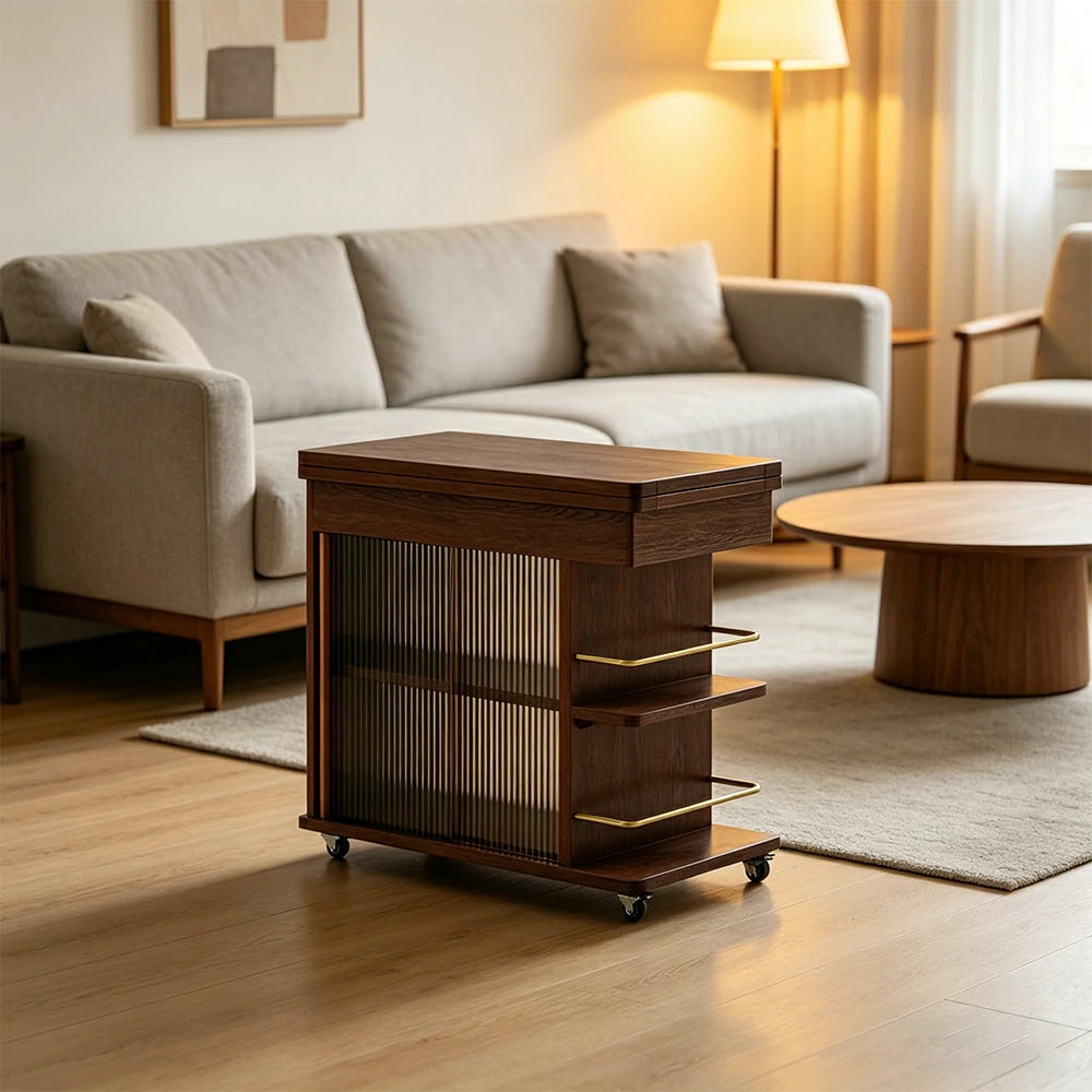 LIVARA Rolling Side Cabinet Rotating Tabletop Storage Organizer for Apartment Living Room & Bedroom - Walnut