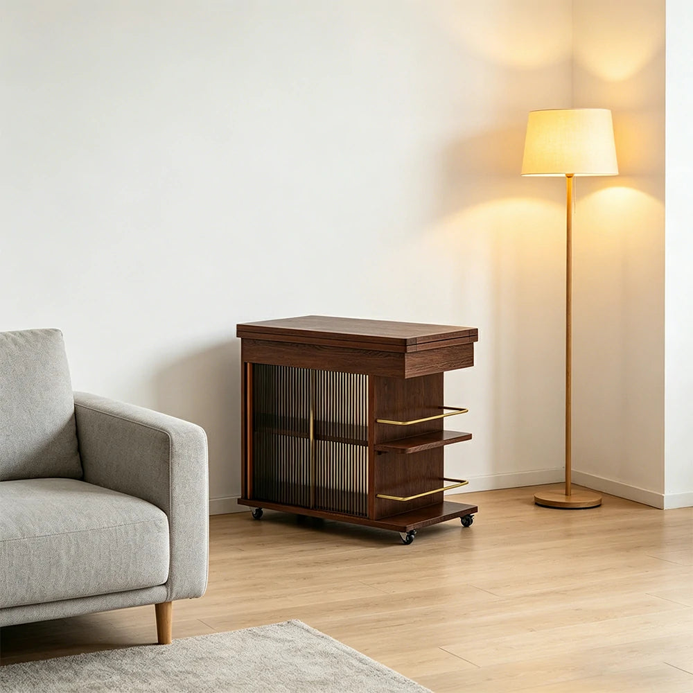 LIVARA Rolling Side Cabinet Rotating Tabletop Storage Organizer for Apartment Living Room & Bedroom - Walnut