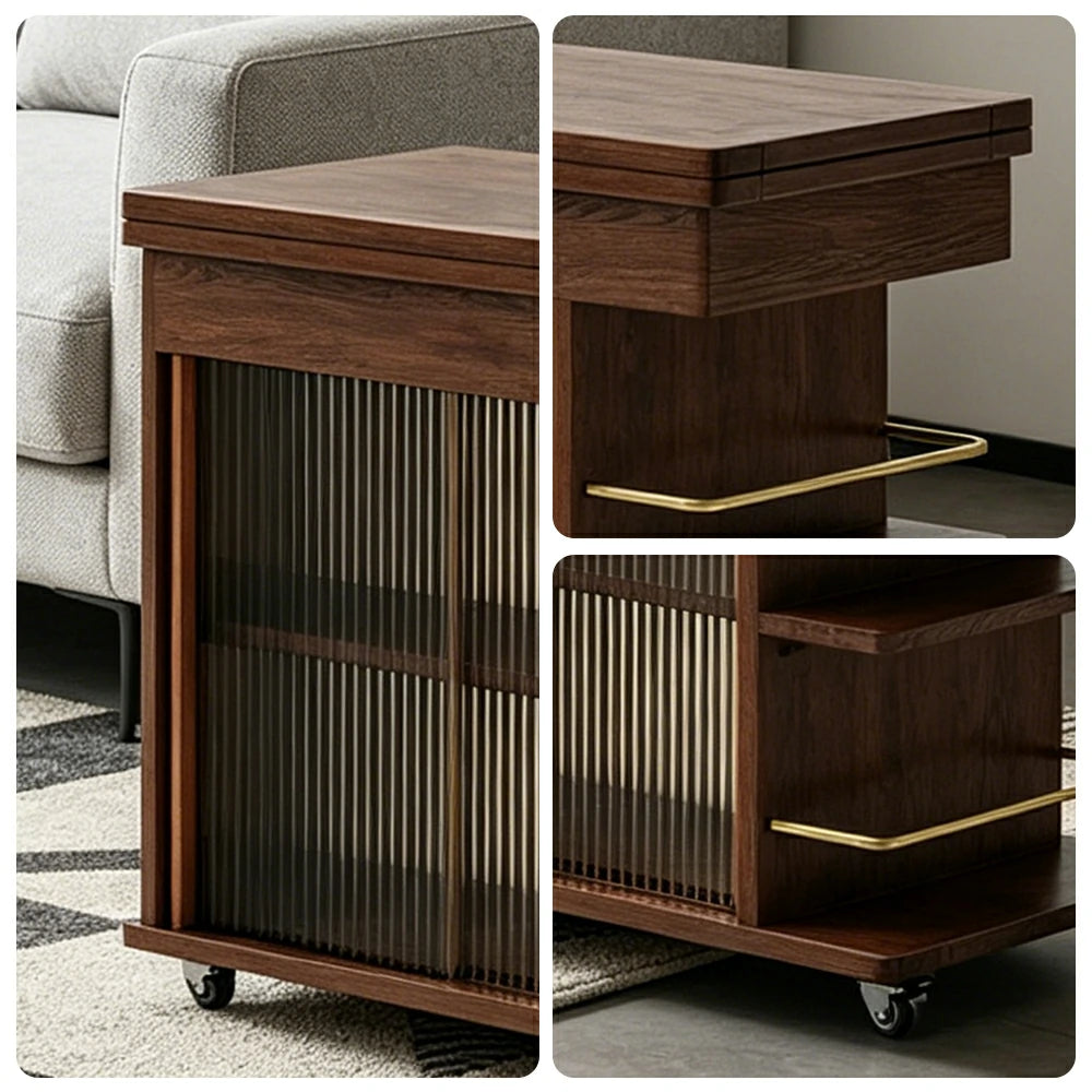 LIVARA Rolling Side Cabinet Rotating Tabletop Storage Organizer for Apartment Living Room & Bedroom - Walnut
