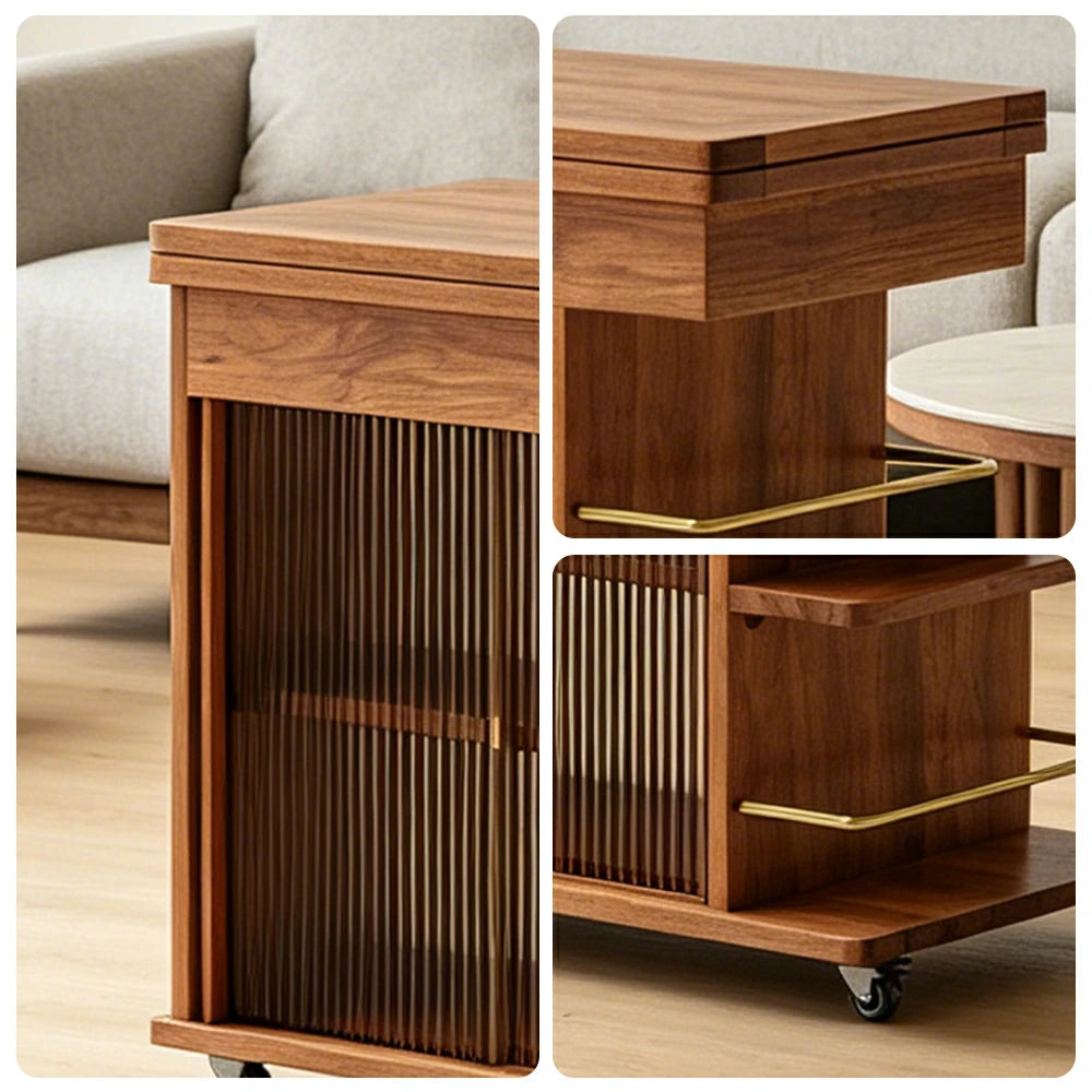 LIVARA Rolling Side Cabinet Rotating Tabletop Storage Organizer for Apartment Living Room & Bedroom - Cherry