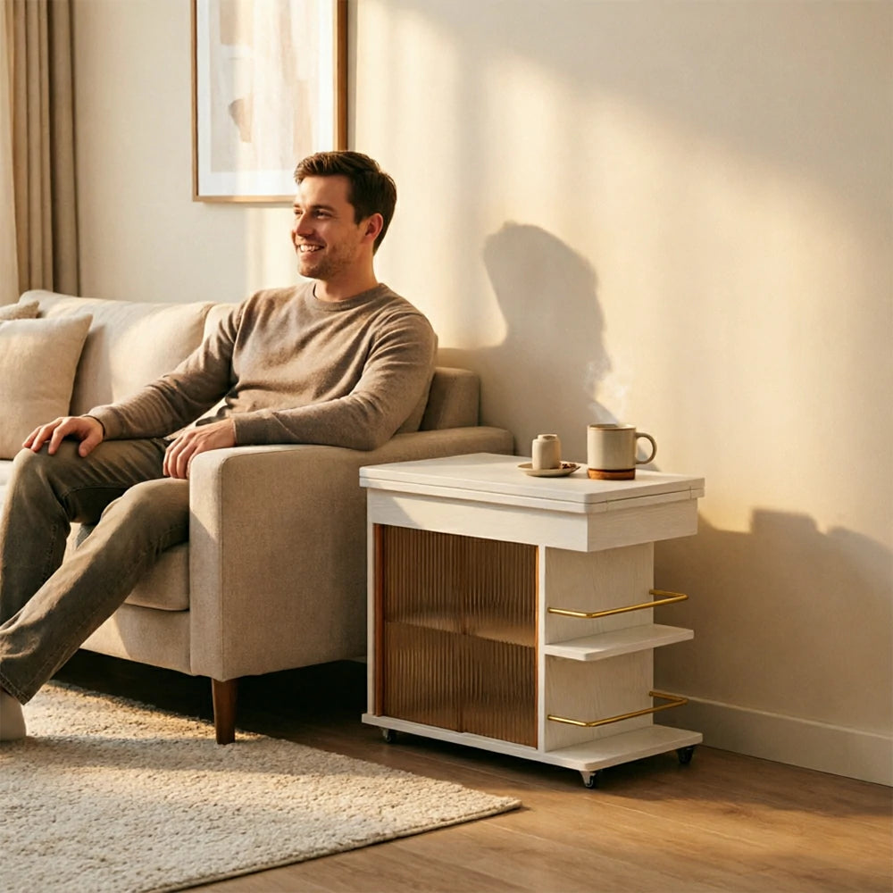 LIVARA Rolling Side Cabinet Rotating Tabletop Storage Organizer for Apartment Living Room & Bedroom - White