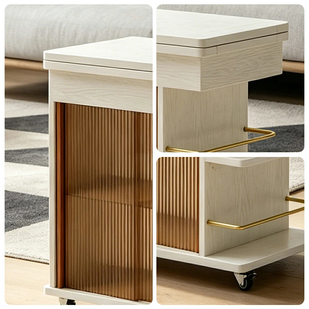 LIVARA Rolling Side Cabinet Rotating Tabletop Storage Organizer for Apartment Living Room & Bedroom - White
