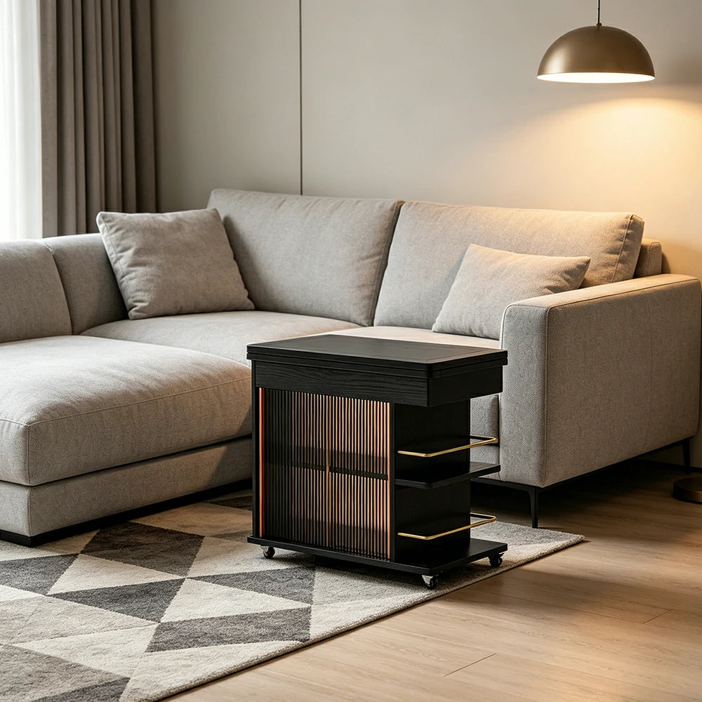 LIVARA Rolling Side Cabinet Rotating Tabletop Storage Organizer for Apartment Living Room & Bedroom - Black