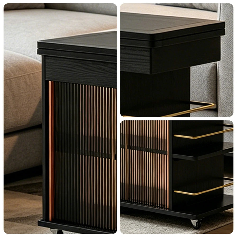 LIVARA Rolling Side Cabinet Rotating Tabletop Storage Organizer for Apartment Living Room & Bedroom - Black
