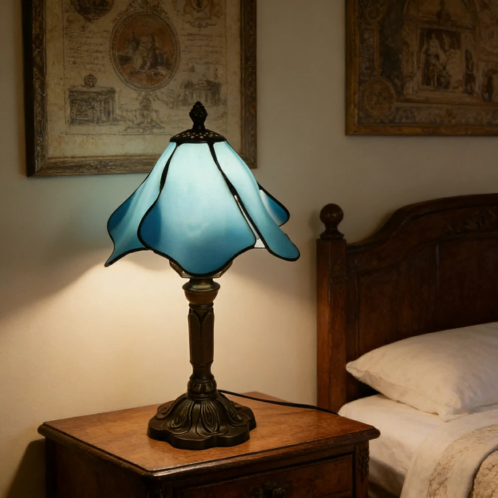 LIVARA Sky Blue Lotus Stained Glass Table Lamp Handmade Tiffany Style E27 Bedside Light Vintage Decor for Living Room Bedroom Study