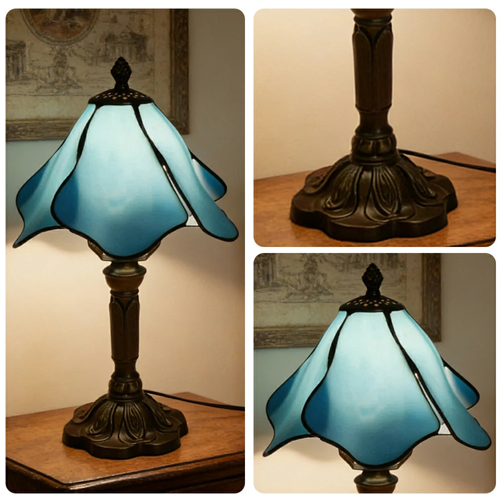 LIVARA Sky Blue Lotus Stained Glass Table Lamp Handmade Tiffany Style E27 Bedside Light Vintage Decor for Living Room Bedroom Study