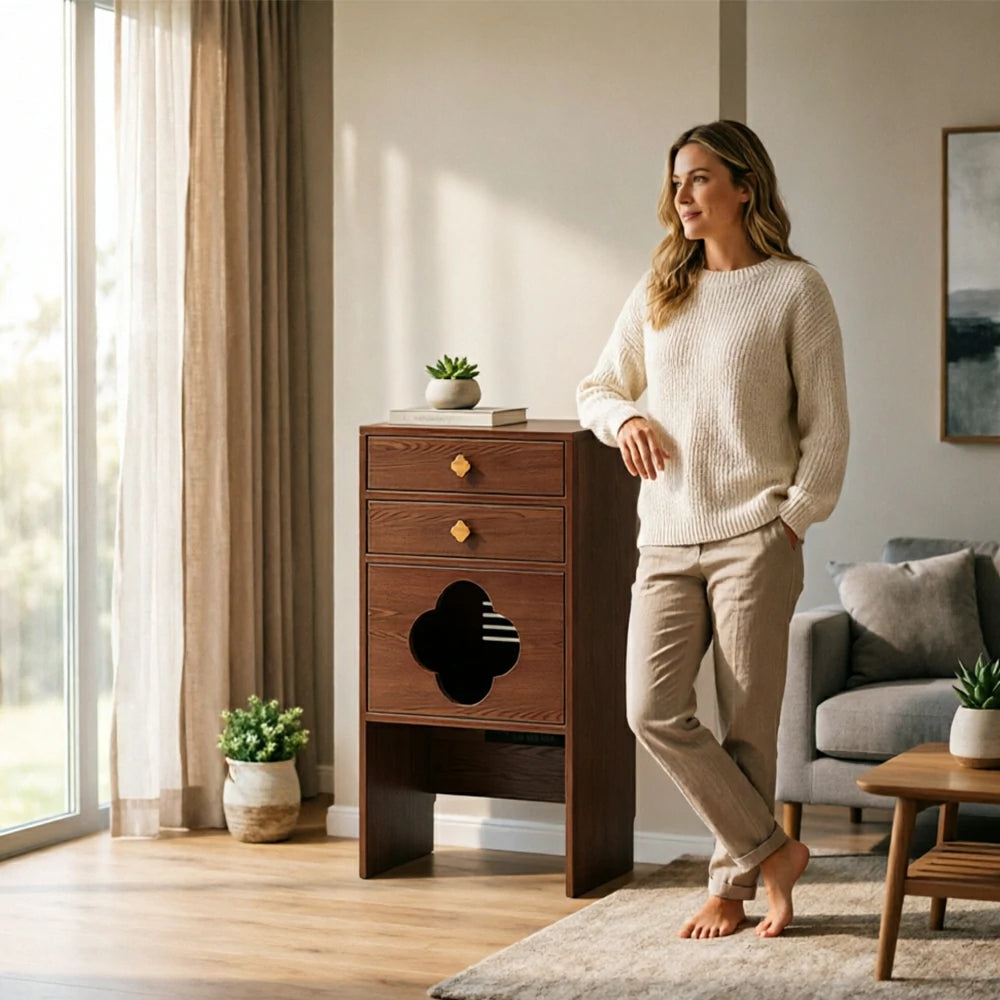 LIVARA Cat Storage Cabinet Built in Cat Rest Area with Drawers for Small Homes & Pet Friendly Spaces - Walnut