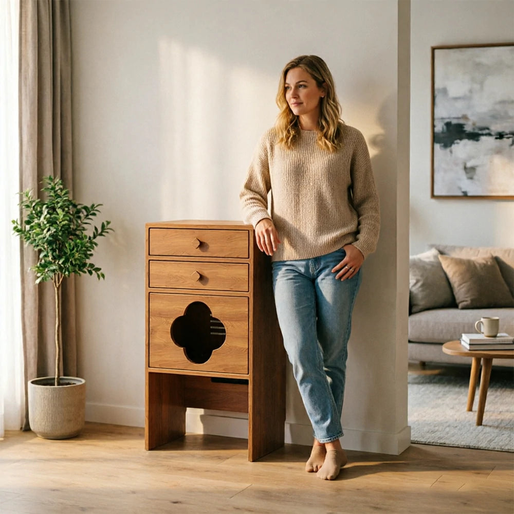 LIVARA Cat Storage Cabinet Built in Cat Rest Area with Drawers for Small Homes & Pet Friendly Spaces - Cherry