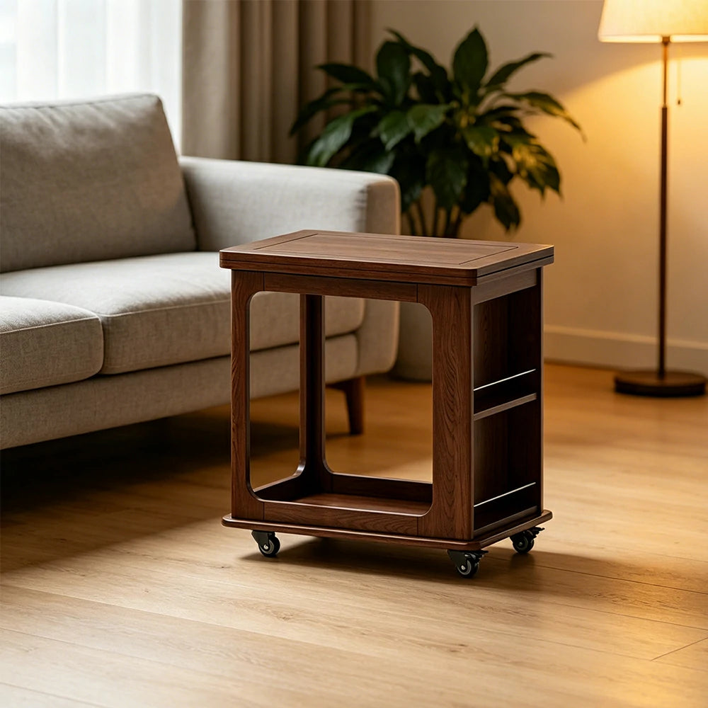 LIVARA Foldable Side Table Solid Wood Mobile Storage Desk for Living Room Bedroom & Small Spaces - Walnut