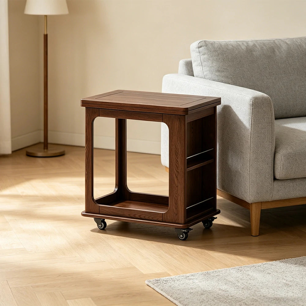 LIVARA Foldable Side Table Solid Wood Mobile Storage Desk for Living Room Bedroom & Small Spaces - Walnut
