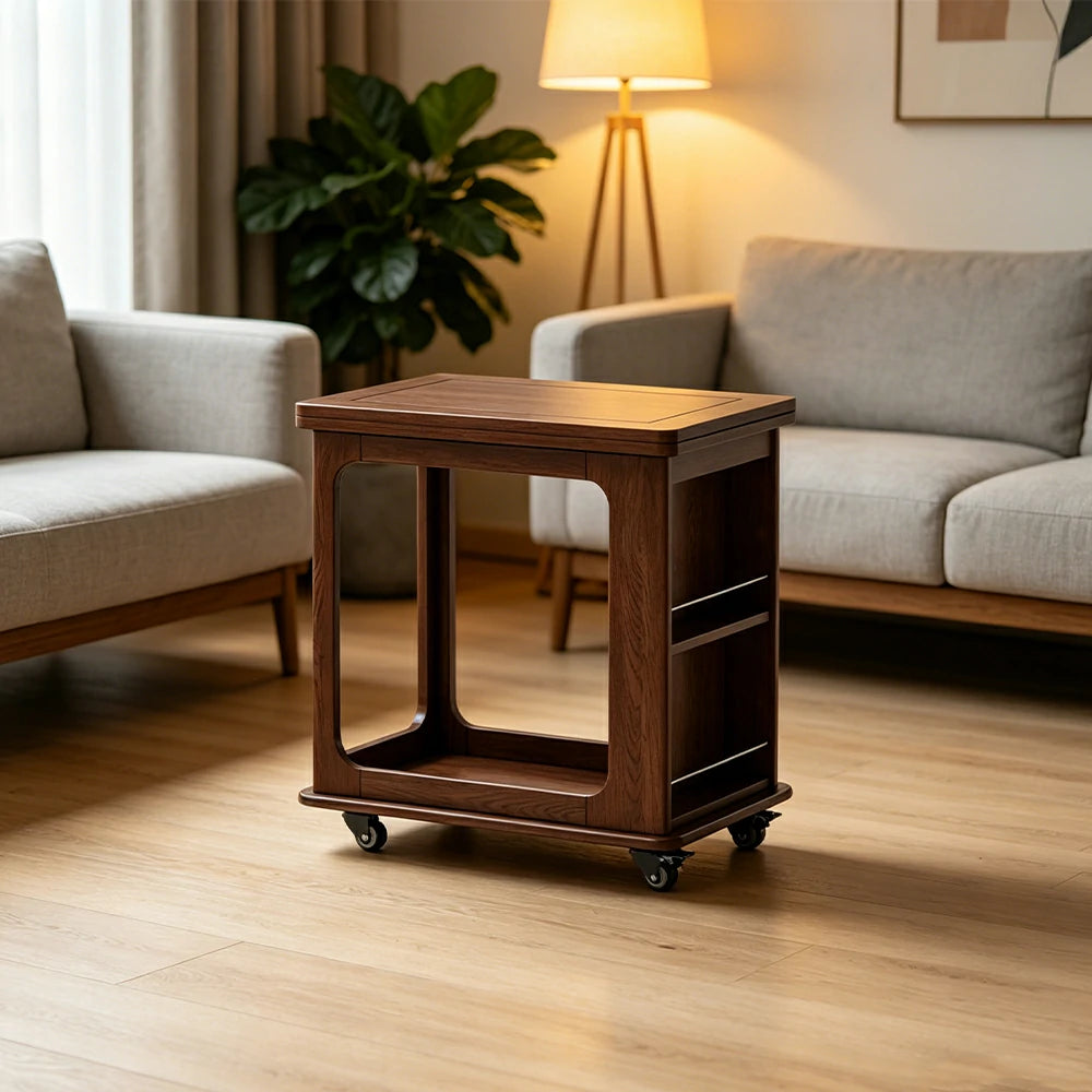 LIVARA Foldable Side Table Solid Wood Mobile Storage Desk for Living Room Bedroom & Small Spaces - Walnut