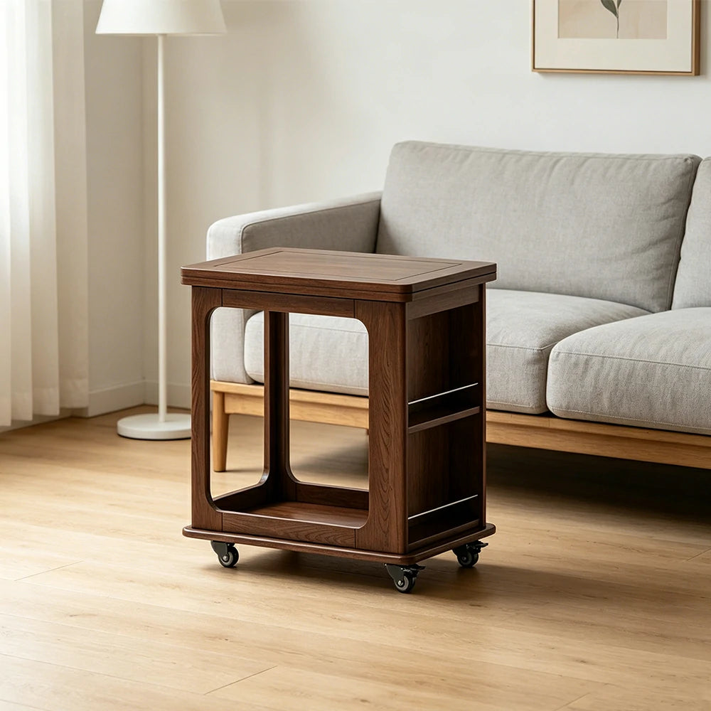 LIVARA Foldable Side Table Solid Wood Mobile Storage Desk for Living Room Bedroom & Small Spaces - Walnut