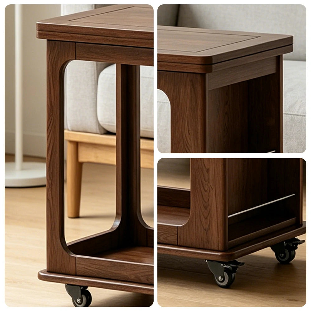 LIVARA Foldable Side Table Solid Wood Mobile Storage Desk for Living Room Bedroom & Small Spaces - Walnut