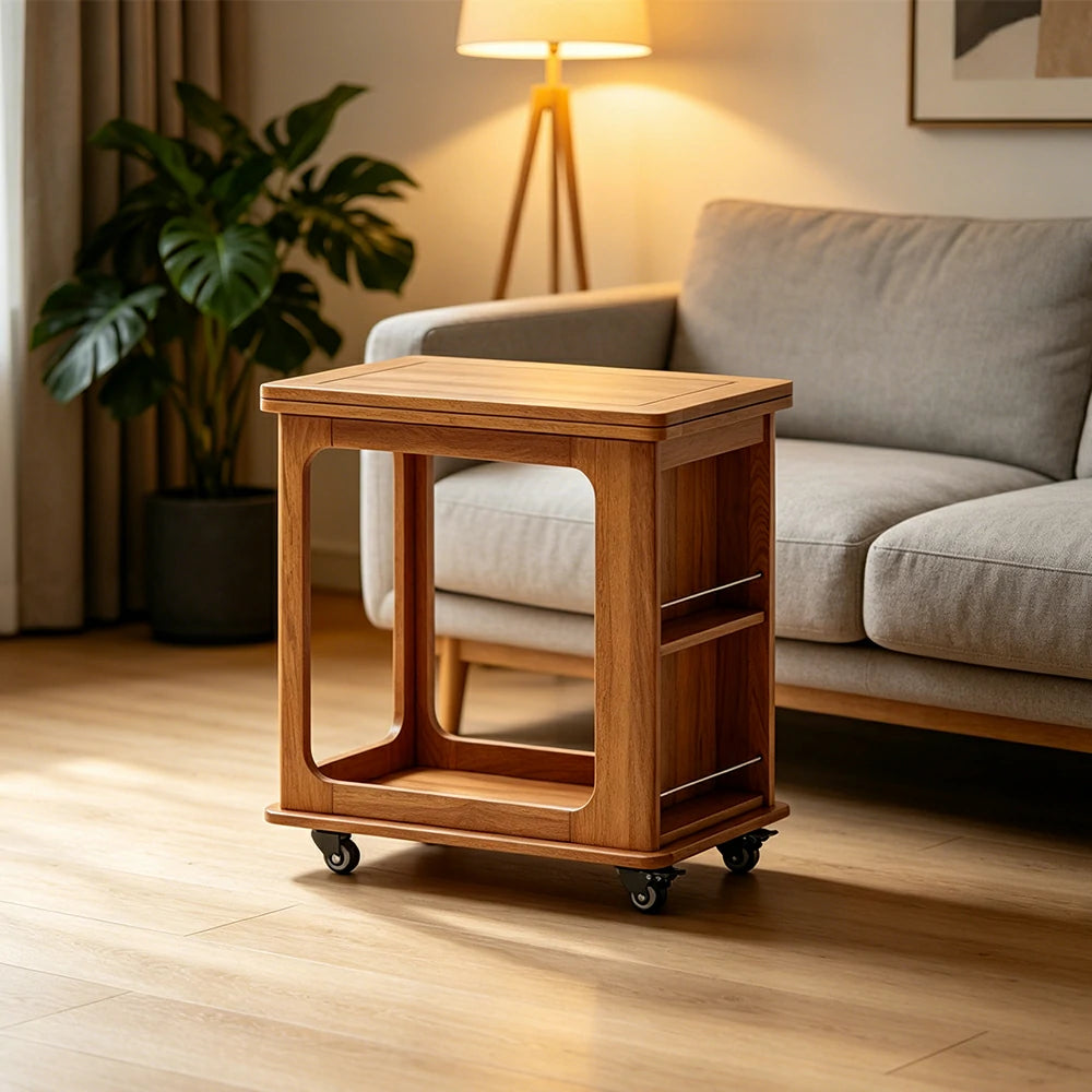 LIVARA Foldable Side Table Solid Wood Mobile Storage Desk for Living Room Bedroom & Small Spaces - Cherry