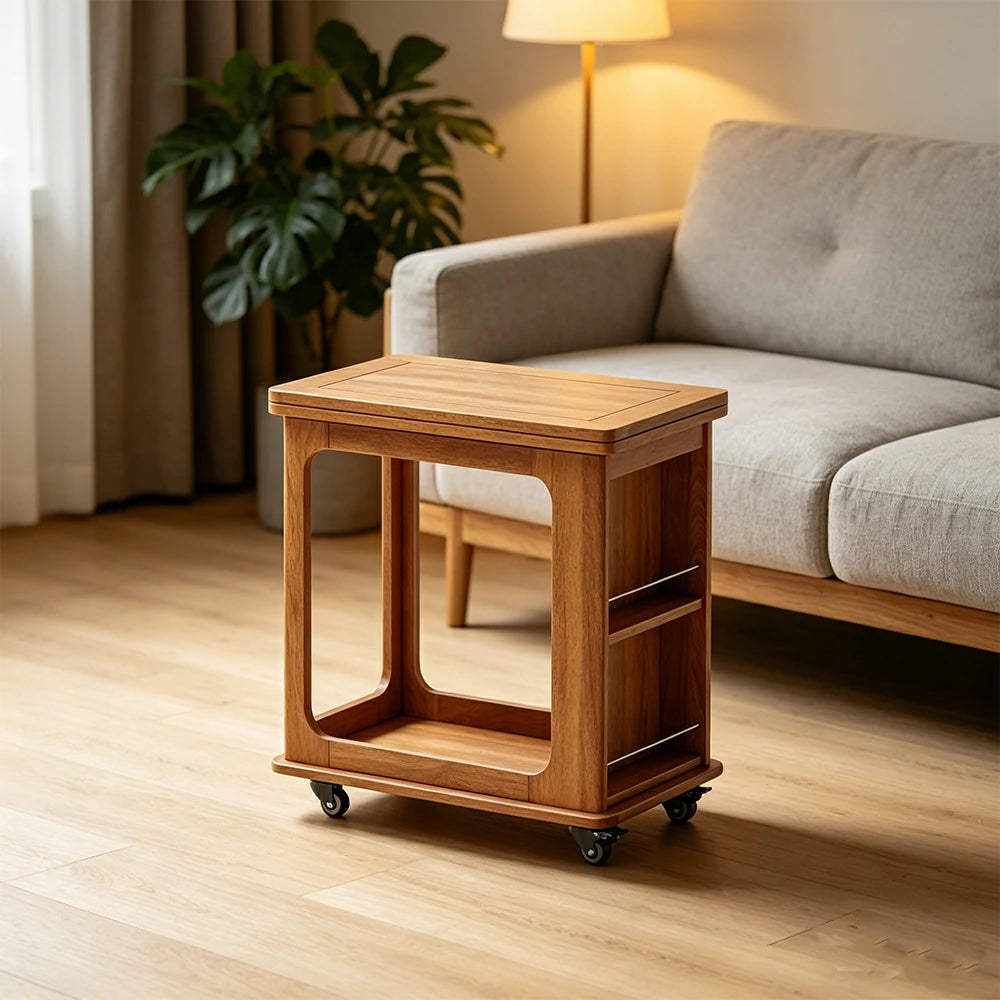 LIVARA Foldable Side Table Solid Wood Mobile Storage Desk for Living Room Bedroom & Small Spaces - Cherry