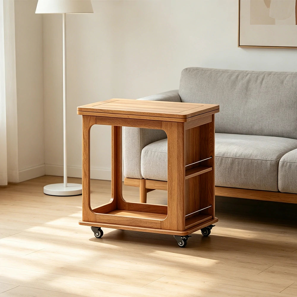 LIVARA Foldable Side Table Solid Wood Mobile Storage Desk for Living Room Bedroom & Small Spaces - Cherry