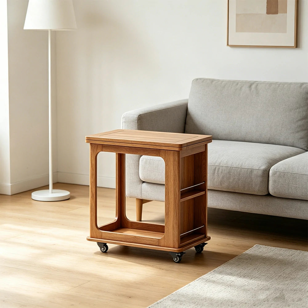 LIVARA Foldable Side Table Solid Wood Mobile Storage Desk for Living Room Bedroom & Small Spaces - Cherry