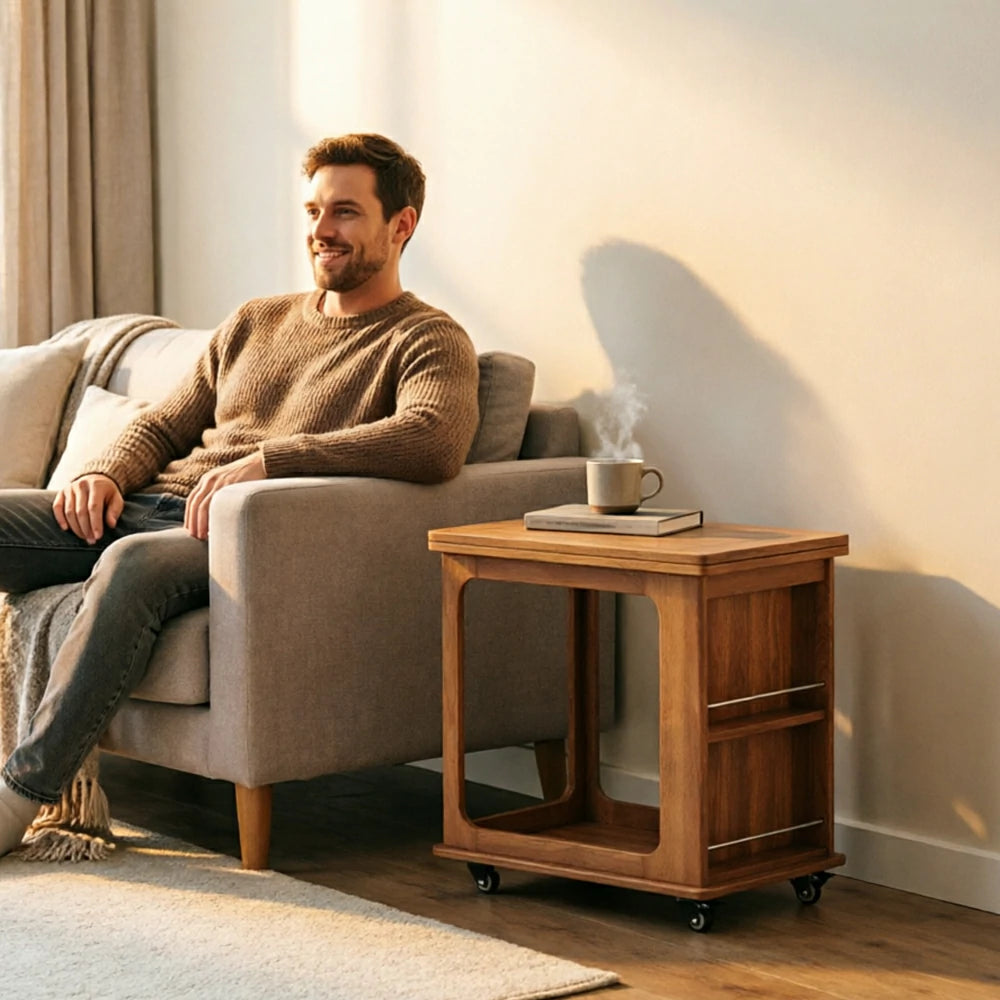 LIVARA Foldable Side Table Solid Wood Mobile Storage Desk for Living Room Bedroom & Small Spaces - Cherry