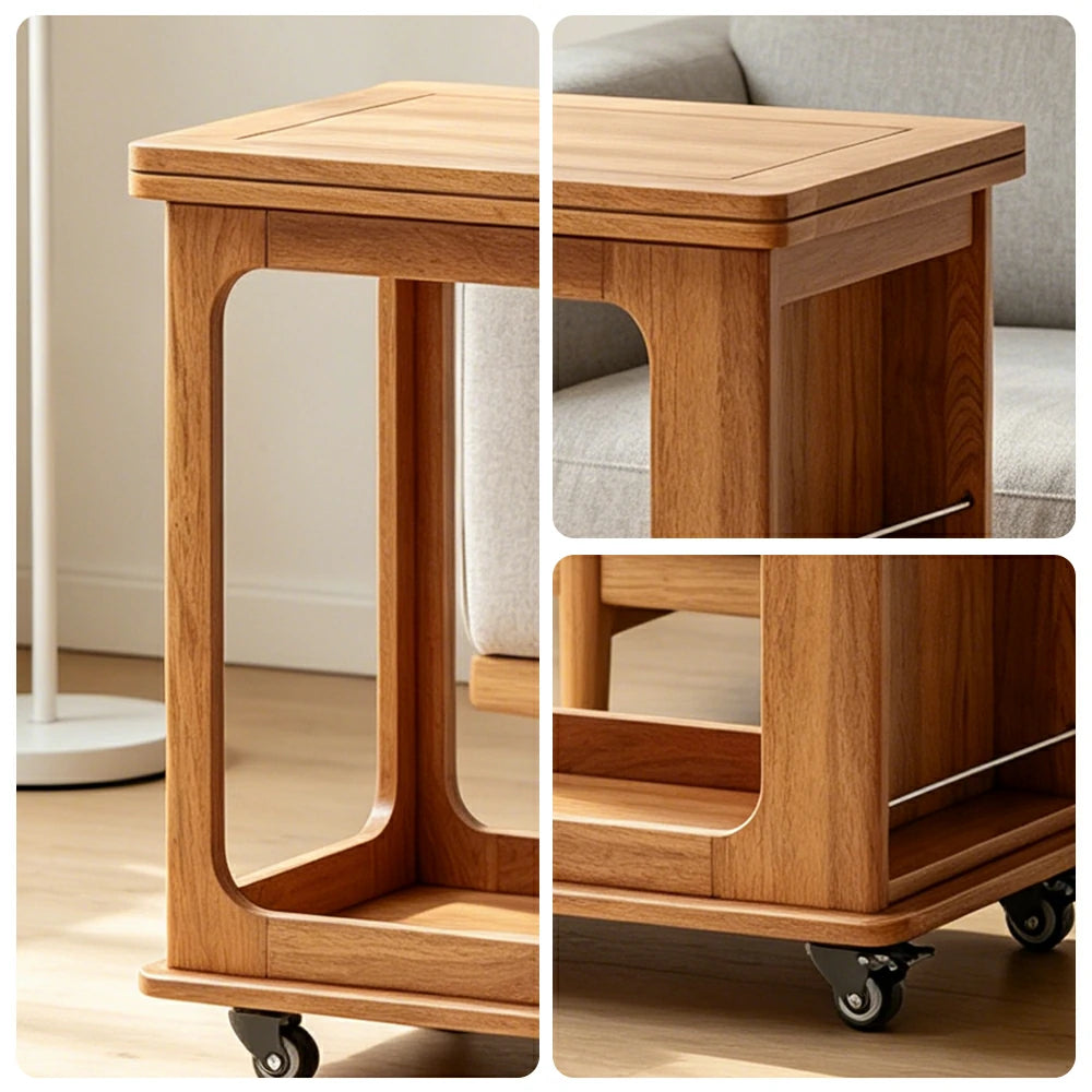 LIVARA Foldable Side Table Solid Wood Mobile Storage Desk for Living Room Bedroom & Small Spaces - Cherry