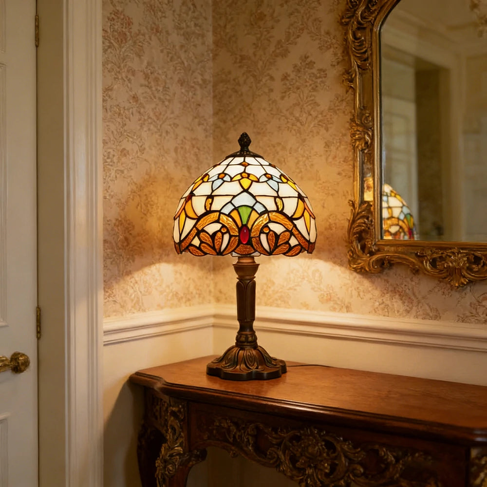 LIVARA Beige Baroque Stained Glass Table Lamp Handmade Tiffany Style E27 Bedside Light Vintage Decor for Living Room Bedroom Study
