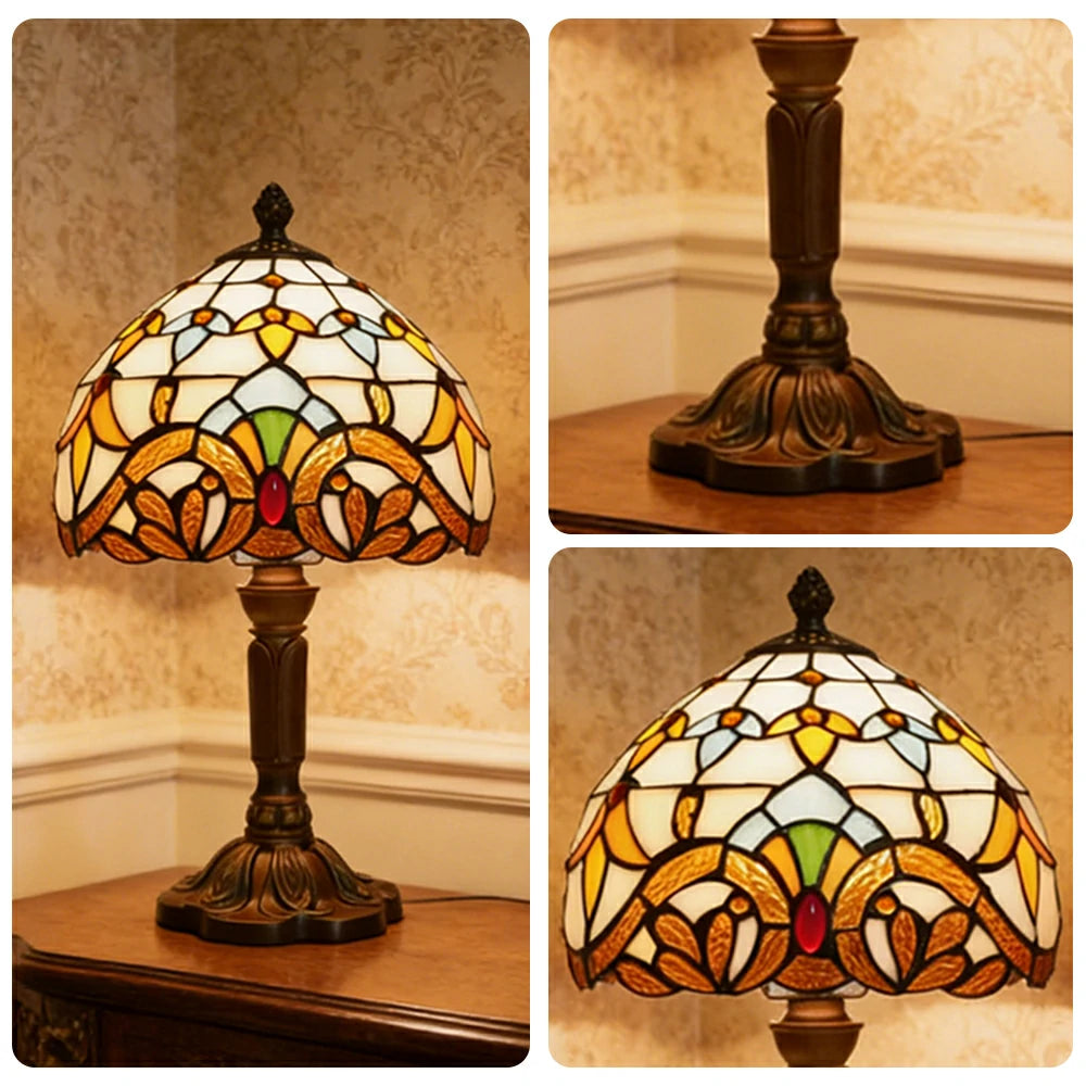 LIVARA Beige Baroque Stained Glass Table Lamp Handmade Tiffany Style E27 Bedside Light Vintage Decor for Living Room Bedroom Study