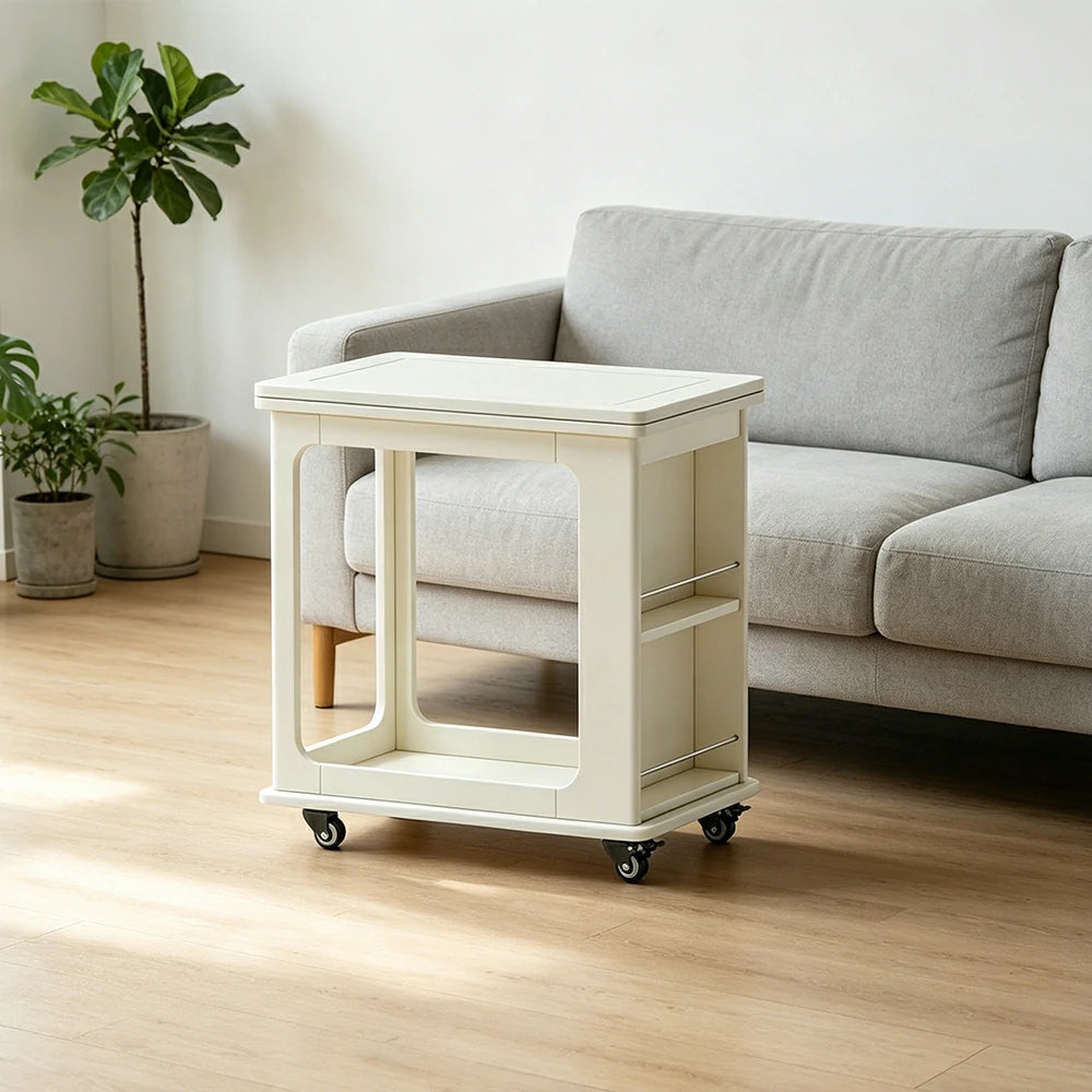 LIVARA Foldable Side Table Solid Wood Mobile Storage Desk for Living Room Bedroom & Small Spaces - White