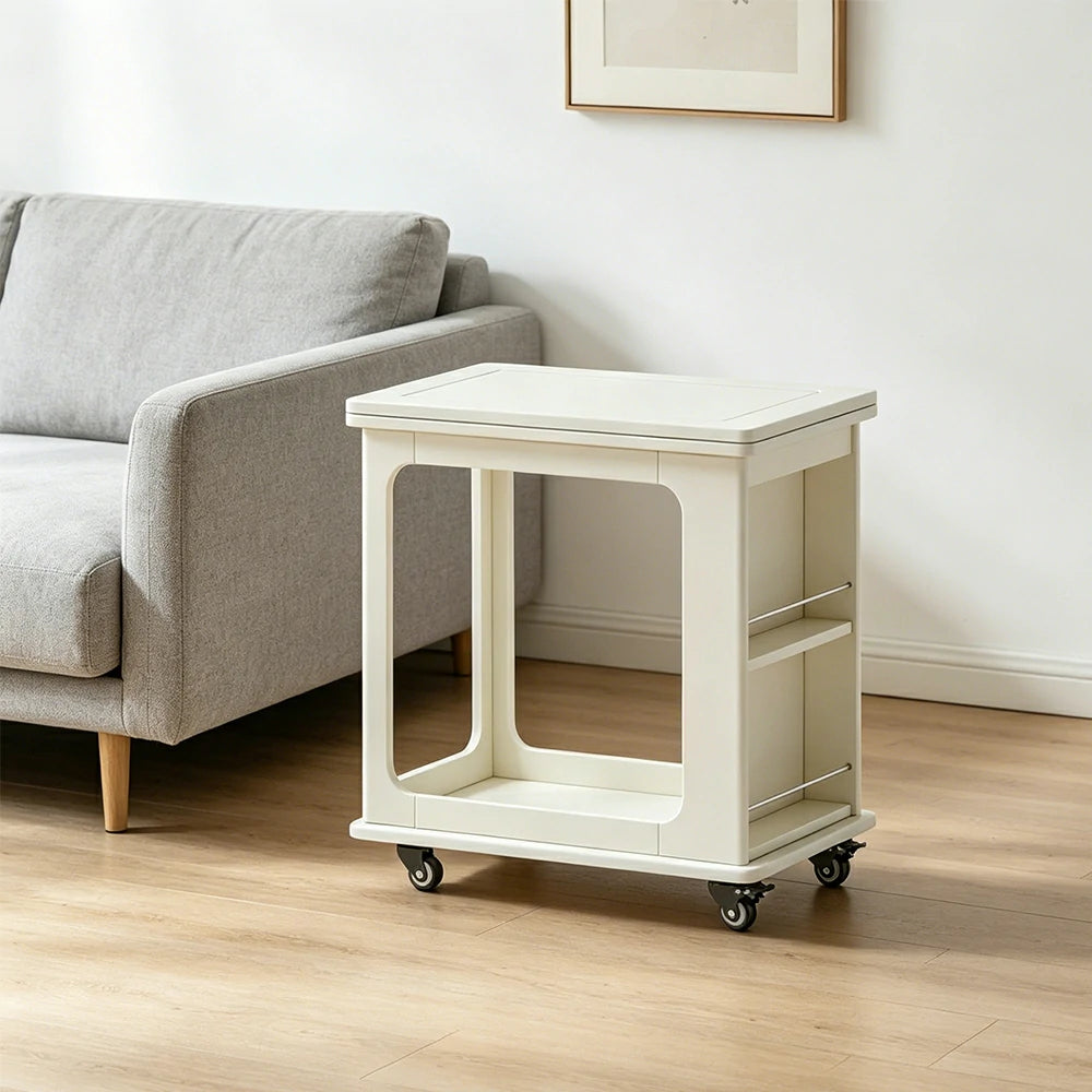 LIVARA Foldable Side Table Solid Wood Mobile Storage Desk for Living Room Bedroom & Small Spaces - White