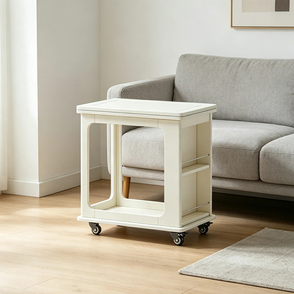 LIVARA Foldable Side Table Solid Wood Mobile Storage Desk for Living Room Bedroom & Small Spaces - White