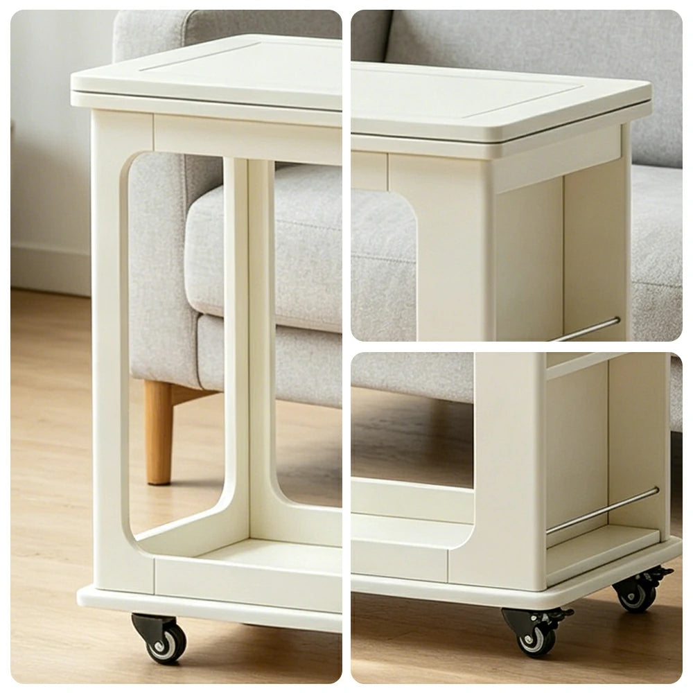 LIVARA Foldable Side Table Solid Wood Mobile Storage Desk for Living Room Bedroom & Small Spaces - White