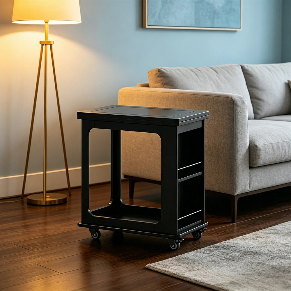 LIVARA Foldable Side Table Solid Wood Mobile Storage Desk for Living Room Bedroom & Small Spaces - Black