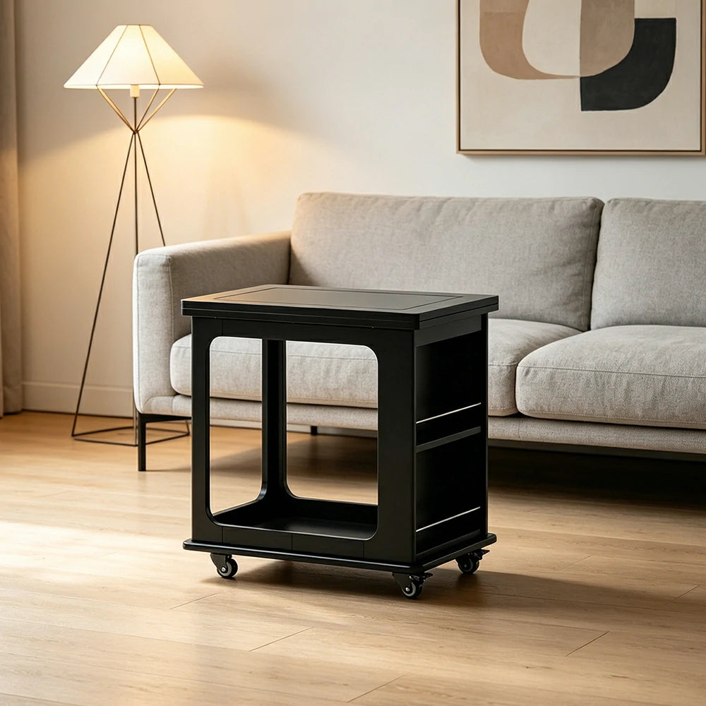 LIVARA Foldable Side Table Solid Wood Mobile Storage Desk for Living Room Bedroom & Small Spaces - Black