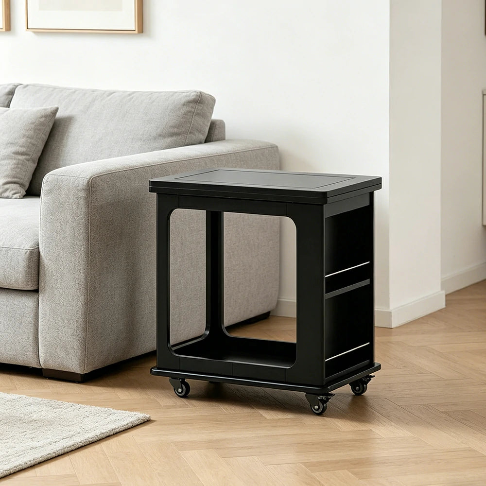 LIVARA Foldable Side Table Solid Wood Mobile Storage Desk for Living Room Bedroom & Small Spaces - Black