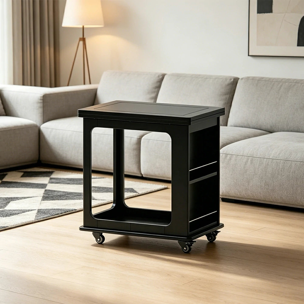 LIVARA Foldable Side Table Solid Wood Mobile Storage Desk for Living Room Bedroom & Small Spaces - Black