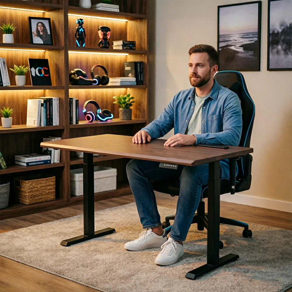 LIVARA Electric Standing Desk 140/160cm Solid Wood Height Adjustable Gaming & Office Table for Study Bedroom & Workspace - Walnut