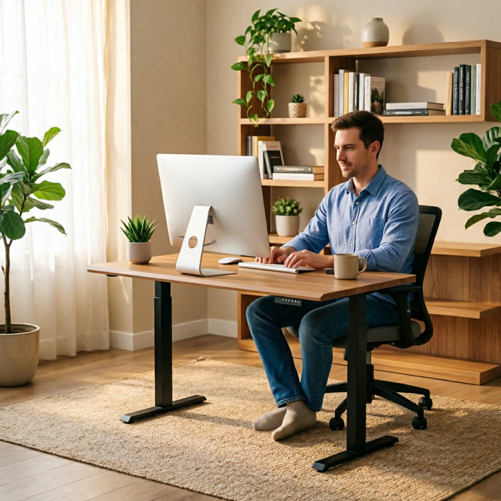 LIVARA Electric Standing Desk 140/160cm Solid Wood Height Adjustable Gaming & Office Table for Study Bedroom & Workspace - Cherry