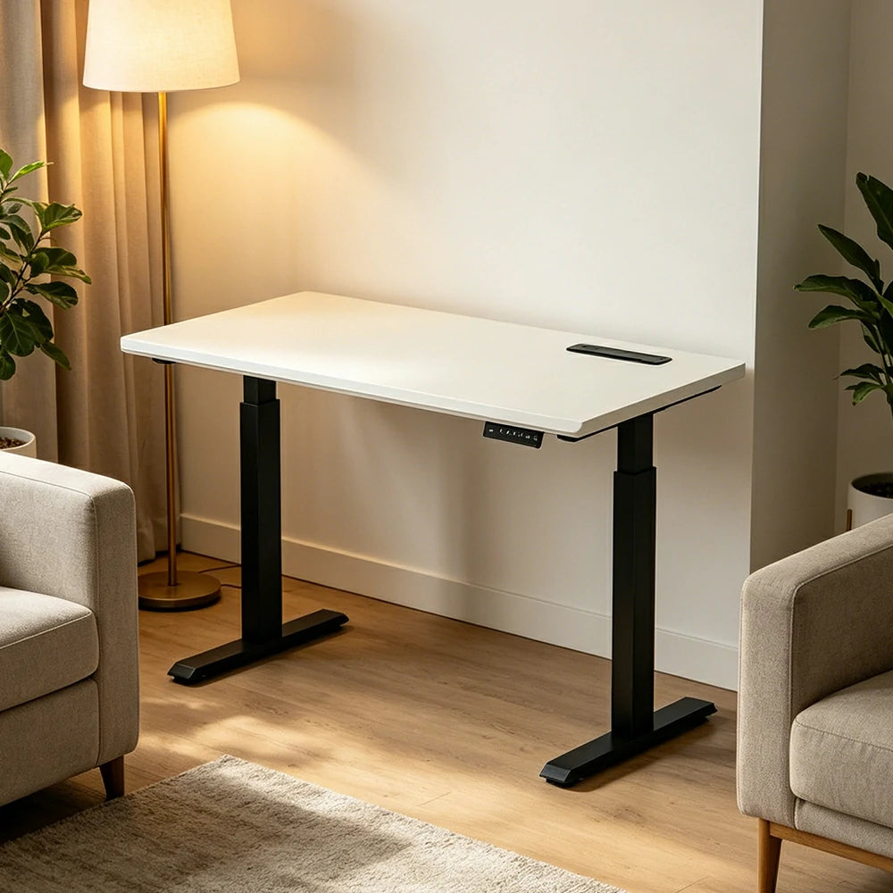 LIVARA Electric Standing Desk 140/160cm Solid Wood Height Adjustable Gaming & Office Table for Study Bedroom & Workspace - White