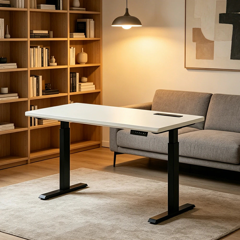 LIVARA Electric Standing Desk 140/160cm Solid Wood Height Adjustable Gaming & Office Table for Study Bedroom & Workspace - White