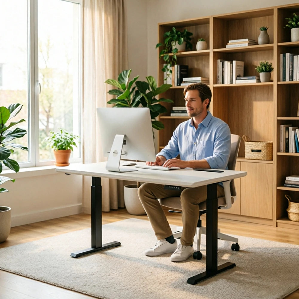 LIVARA Electric Standing Desk 140/160cm Solid Wood Height Adjustable Gaming & Office Table for Study Bedroom & Workspace - White