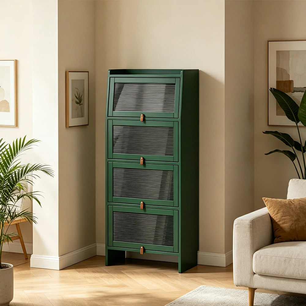LIVARA Glass Bookshelf Solid Wood Storage Cabinet with Fluted Glass Doors for Living Room Bedroom & Study - Green
