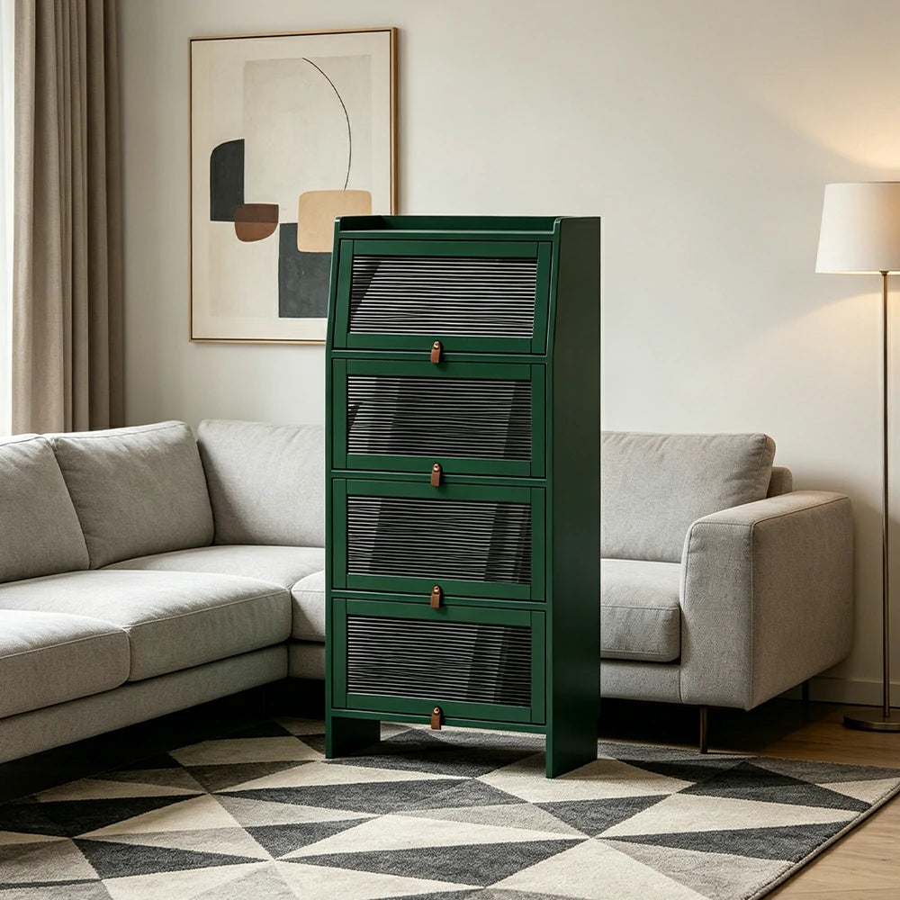 LIVARA Glass Bookshelf Solid Wood Storage Cabinet with Fluted Glass Doors for Living Room Bedroom & Study - Green