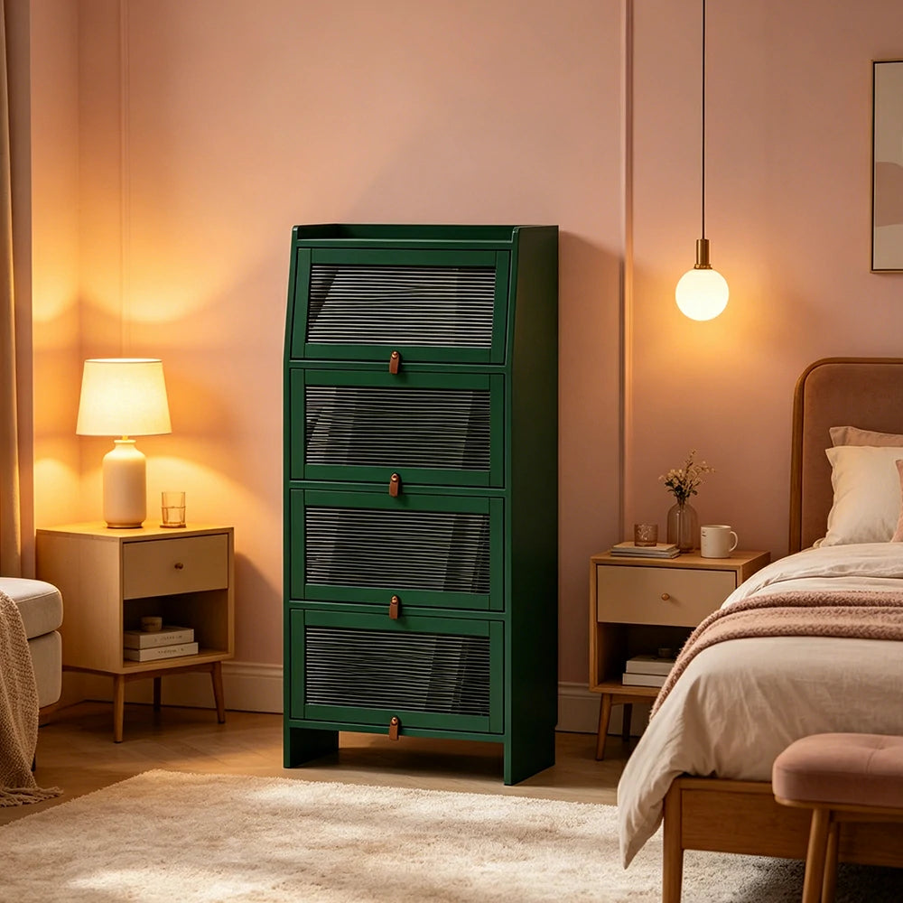 LIVARA Glass Bookshelf Solid Wood Storage Cabinet with Fluted Glass Doors for Living Room Bedroom & Study - Green