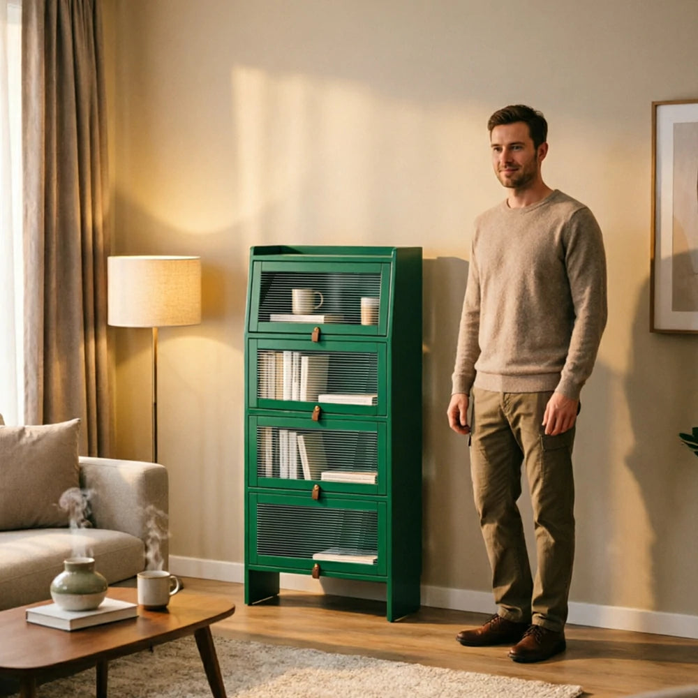 LIVARA Glass Bookshelf Solid Wood Storage Cabinet with Fluted Glass Doors for Living Room Bedroom & Study - Green