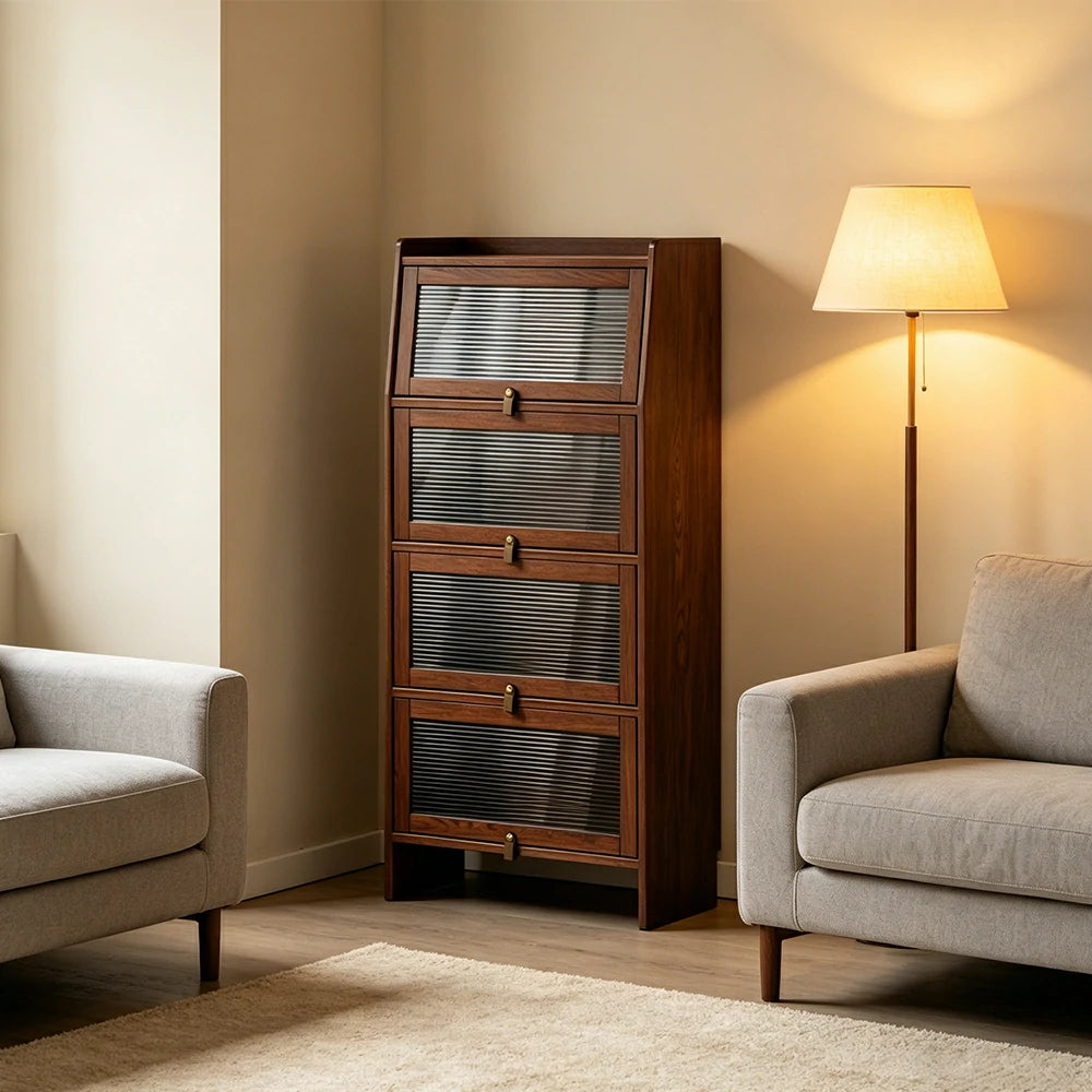 LIVARA Glass Bookshelf Solid Wood Storage Cabinet with Fluted Glass Doors for Living Room Bedroom & Study - Walnut