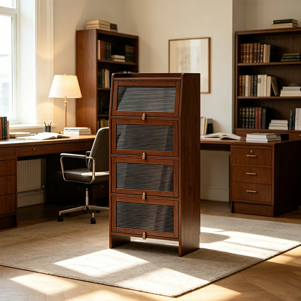 LIVARA Glass Bookshelf Solid Wood Storage Cabinet with Fluted Glass Doors for Living Room Bedroom & Study - Walnut