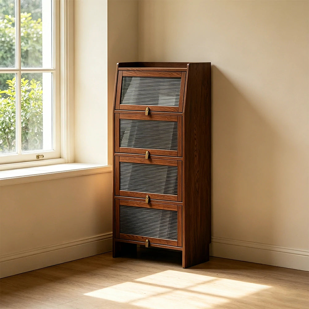 LIVARA Glass Bookshelf Solid Wood Storage Cabinet with Fluted Glass Doors for Living Room Bedroom & Study - Walnut