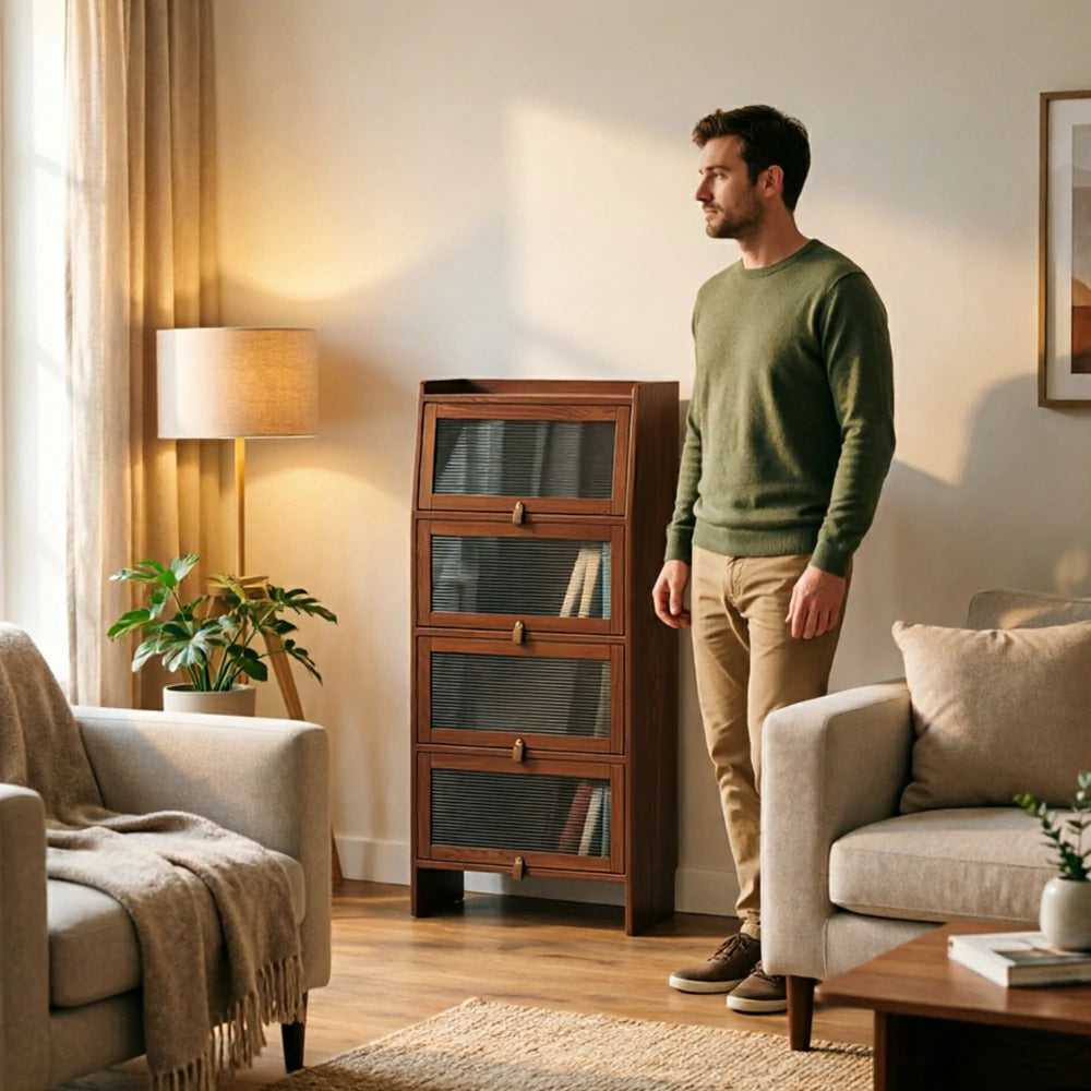 LIVARA Glass Bookshelf Solid Wood Storage Cabinet with Fluted Glass Doors for Living Room Bedroom & Study - Walnut