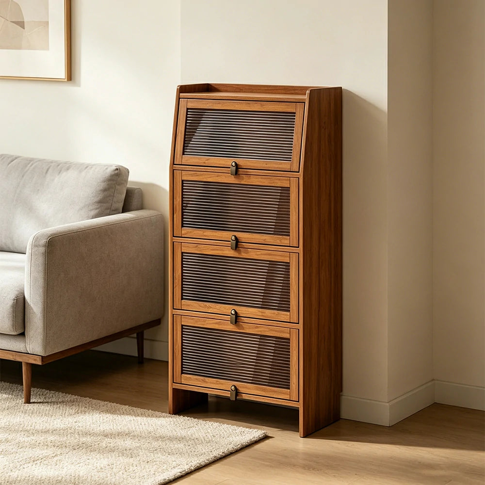 LIVARA Glass Bookshelf Solid Wood Storage Cabinet with Fluted Glass Doors for Living Room Bedroom & Study - Cherry