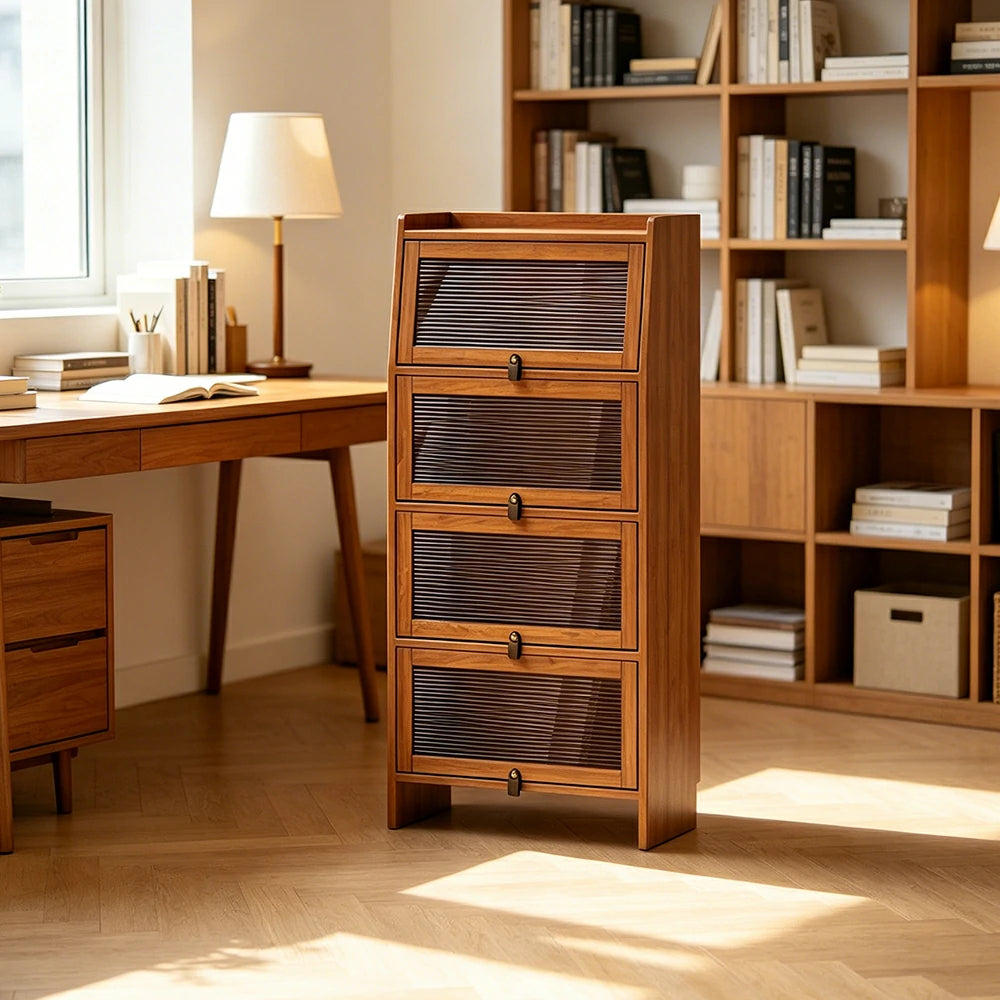 LIVARA Glass Bookshelf Solid Wood Storage Cabinet with Fluted Glass Doors for Living Room Bedroom & Study - Cherry
