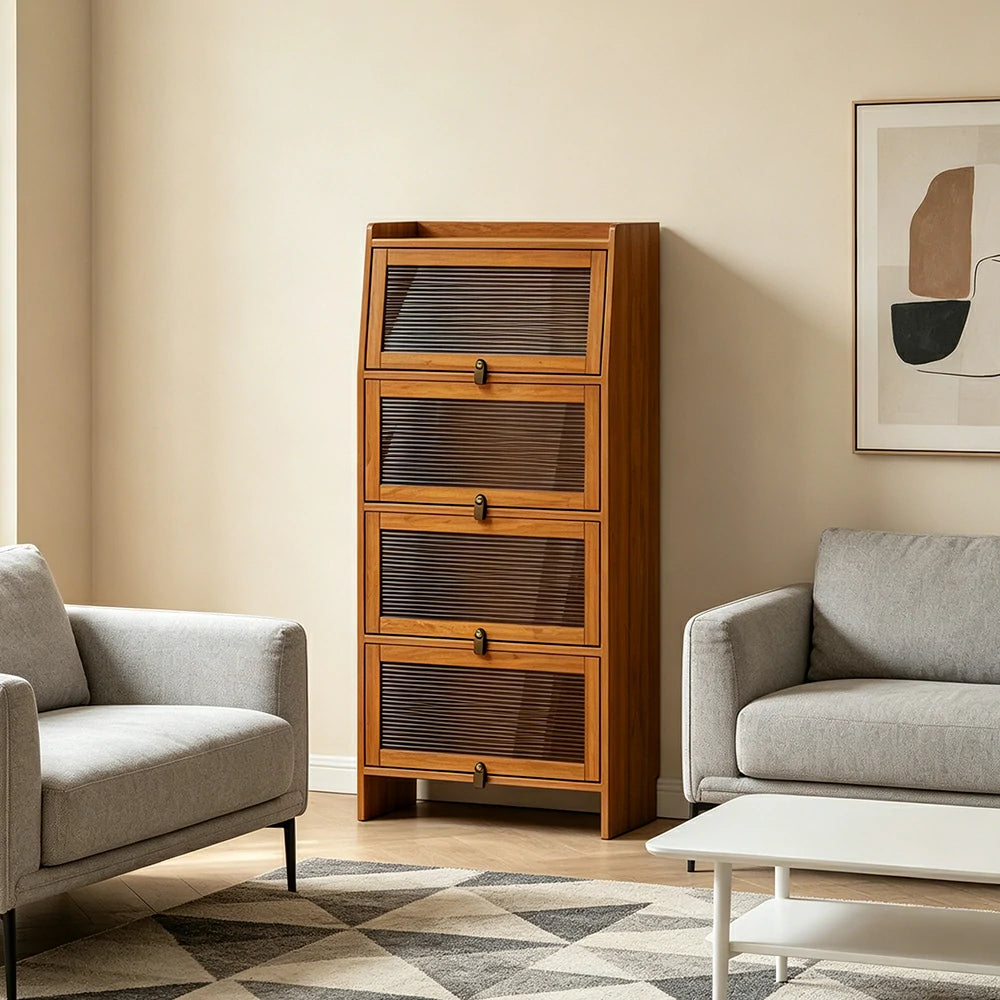 LIVARA Glass Bookshelf Solid Wood Storage Cabinet with Fluted Glass Doors for Living Room Bedroom & Study - Cherry