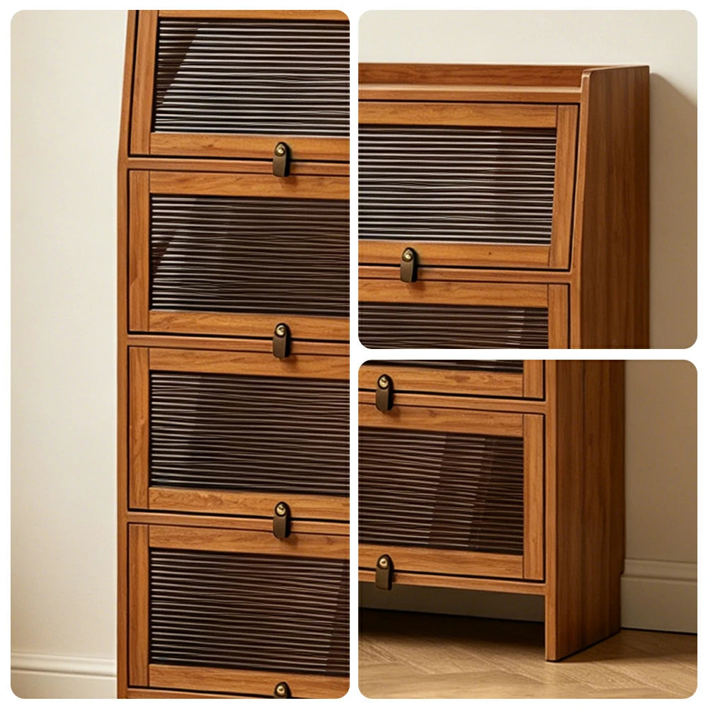 LIVARA Glass Bookshelf Solid Wood Storage Cabinet with Fluted Glass Doors for Living Room Bedroom & Study - Cherry